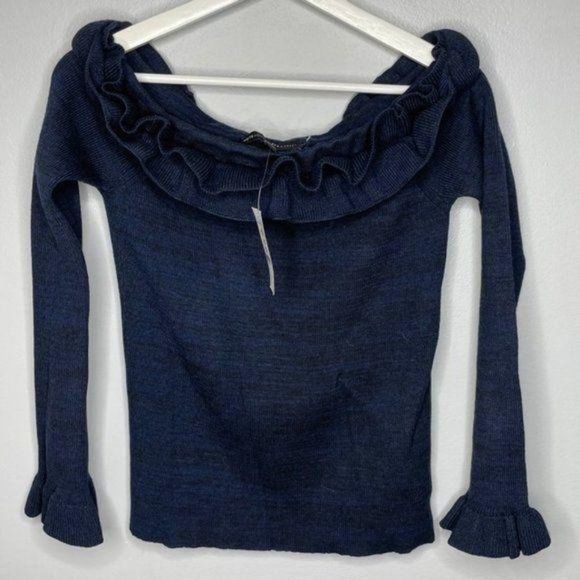 Whbm Blue Off Shoulder Ruffle Sweater
